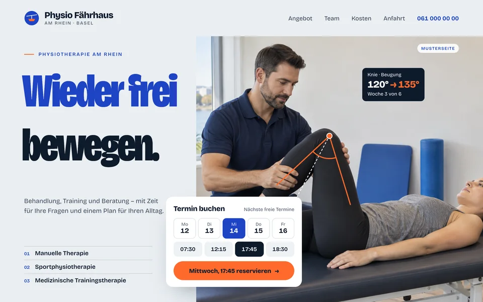 Musterseite Physiotherapie: Physio Fährhaus, Behandlung am Knie, mit Online-Termin