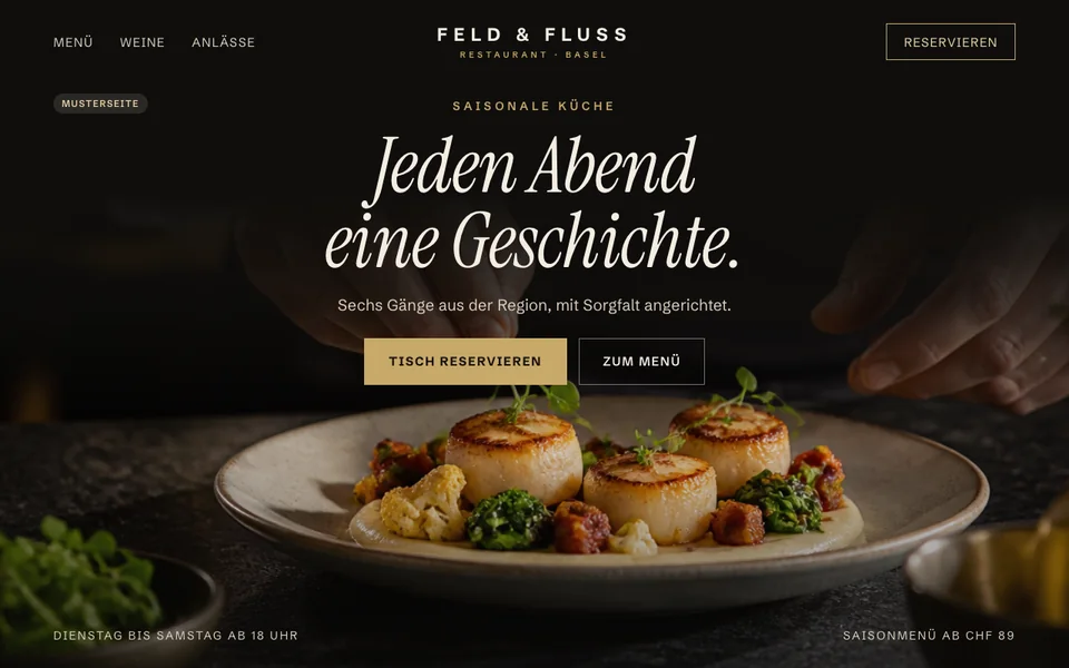 Musterseite Restaurant: Feld & Fluss mit saisonalem Gericht und Reservation